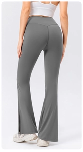 Detail view of high waist flared yoga pants with back V-seam for butt lifting effect