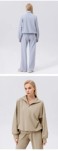 Detail of half-zip sweatshirt and wide-leg joggers in soft cotton knit set