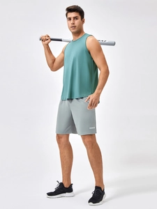 Men's turquoise fitness tank top and grey shorts set for breathable running and sports