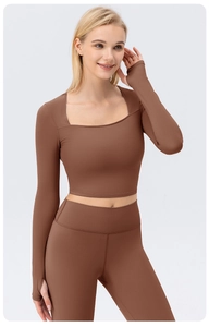 Detail of square neck yoga top with thumbholes and high waist leggings in cocoa brown