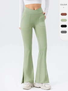 Women Crossover High Waist Flare Yoga Pants With Pockets Tummy Control Split Hem Breathable Athletic Fitness Gym Leggings