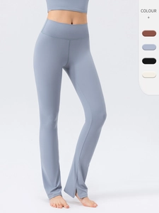 Women High Waist Flared Yoga Pants Tummy Control Butt Lifting Slim Fit Slit Hem Nude Feeling Sport Leggings Workout Trousers