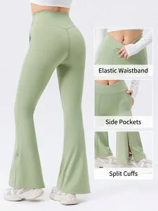 Women's light green high-waisted flared yoga pants with side slits and pockets