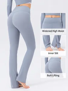 Light blue high waist flared yoga pants with butt lifting cut and inner side slits
