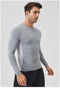Detail of men's quick-dry sports top with grey heather fabric and breathable side mesh