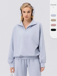 Women's Casual Half Zip Athletic Hoodie Sweatshirt Loose Fit Drop Shoulder Long Sleeve Workout Top Cotton Blend Pullover