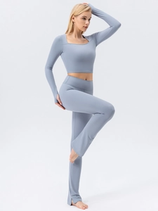 High-waisted flared yoga pants and square neck long sleeve top set in light blue-grey