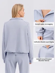 Women's half-zip sports sweatshirt with drop shoulder and ribbed knit texture