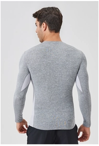 Detail view of men's compression shirt back with grey marl fabric and breathable mesh panels