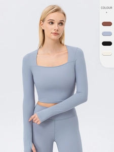 Women's Slim Fit Yoga T-Shirt Long Sleeve Square Neck Crop Top With Thumbholes Naked Feel Sports Gym Workout Wear