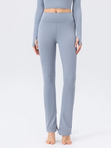 Women's slate blue yoga set with long sleeve thumb-hole top and high waist flared pants