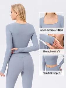 Women's square neck yoga long sleeve top with thumb holes and slim cropped fit