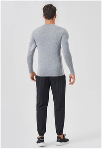 Rear view of men's gray long sleeve running top with breathable mesh and black track pants