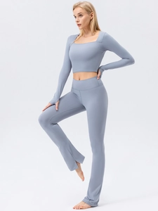 Women's square neck yoga set with long sleeve top and flared leggings in light blue