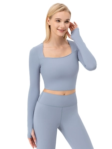 Women square neck long sleeve yoga top with thumbholes and high waist leggings set