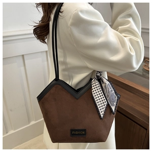 Brown frosted tote bag with a V-shaped top, fashion leather label and silk scarf detail