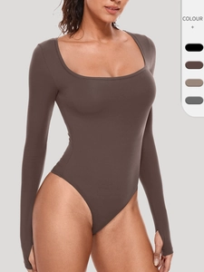 Bodysuit à Manches Longues et Col Carré pour Femmes avec Passe-pouces Yoga Fitness Coupe Slim Sport Jumpsuit Haut d'Entraînement
