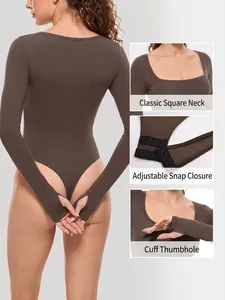 Bodysuit de yoga à manches longues marron foncé avec passe-pouces et décolleté carré