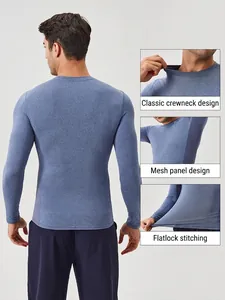 Men's quick-dry compression gym shirt with breathable mesh panels and grey-blue fabric