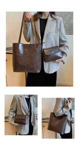 Detail of dark brown retro tote bag set featuring large shoulder bag and small flap pouch