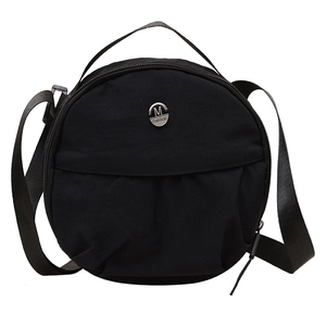 Minimalist black nylon round shoulder bag with silver logo detail and wide strap