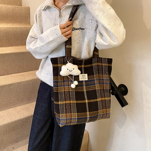 Winter plaid wool tote bag with cute cloud charm and vintage checked pattern for women