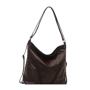 Minimalist dark brown large capacity faux leather tote bag with stylish dual front zippers