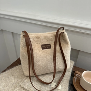 Fashion Women Plush Faux Fur Underarm Bag Soft Tote Shoulder Bag Solid Color Winter Fleece Handbag With Pendant For Daily Use