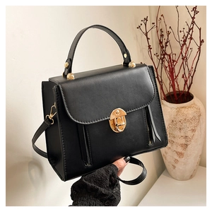 Close-up of elegant black handbag featuring a gold twist lock and matte leather finish
