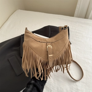 Women Bohemian Tassel Shoulder Bag Nylon Fringe Crossbody Bag Horizontal Square Handbag Vintage Urban Minimalist Daily Tote Bag