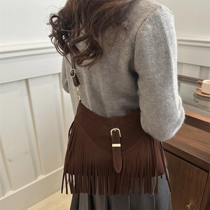 Retro dark brown suede crossbody bag with fringe tassels and adjustable strap for women