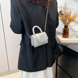 Silver glitter mini crossbody bag with pearl handle and metal chain strap for women