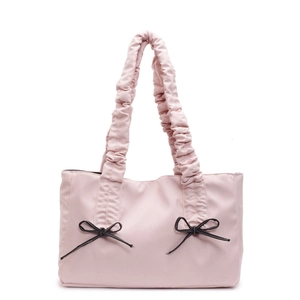 Sac fourre-tout rose avec nœuds noirs et anses plissées style bohème pour femmes