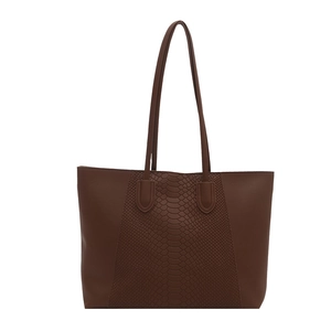 Brown tote bag with crocodile pattern panels and long shoulder straps for daily use