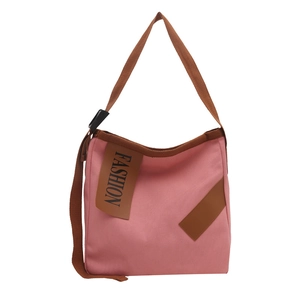 Pink canvas tote bag with brown trim and Fashion leather patch for casual daily use