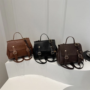 Retro PU Leather Backpack For Women Fashion Street Trend Stitching Detail Small Handbag Commute Shoulder Bag Brown Black