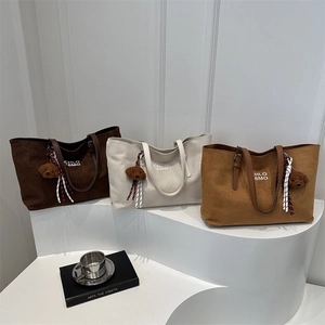 Vintage Large Capacity Canvas Tote Bag For Women Retro Letter Printed Shoulder Handbag With Bear Charm For Daily Commuting