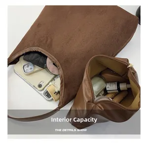 Brown tote bag and inner pouch showing spacious interior with phone and cosmetics