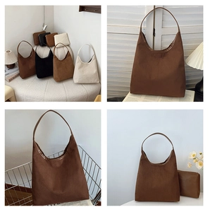Detailed view of 2-piece large hobo tote bag set with matching pouch in four neutral colors