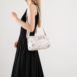 Retro cylinder crossbody bag with letter print and wide strap on model