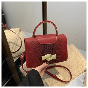 Detailed macro of red crocodile texture small square bag with golden handle and metal lock