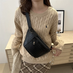 Fashionable black woven chest bag for women with gold zipper and nylon strap