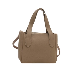 Minimalist khaki lychee pattern leather bucket bag with top handles and shoulder strap
