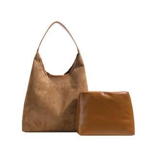 Deep camel suede tote bag set with matching leather handles and inner zipper pouch