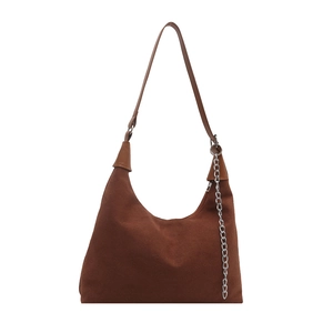 Brown vintage suede tote bag with half-moon design and silver metal chain strap