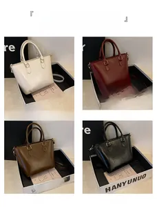 Collage of fashion tote bags in off-white, red, coffee, and black with double handles