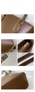 Detail shot of vintage brown leather bucket bag featuring gold hardware and zipper