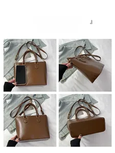Detailed four-angle views of a brown bucket bag with a smartphone for size reference