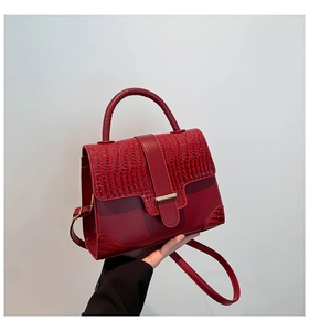 Detail of red crocodile embossed leather texture and gold metal lock on handbag