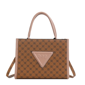 Brown vintage star pattern tote bag with pink-brown handles and long shoulder strap